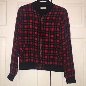 Equipment red and blue plaid silk bomber jacket